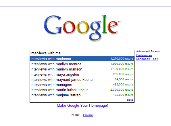 Google search for interviews with Madonna